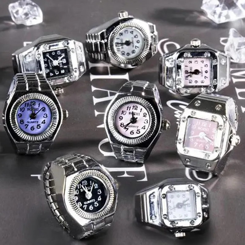 Unisex Vintage Punk Finger Watch Mini Elastic Strap Alloy Watches Couple Rings Jewelry Clock Retro Roman Quartz Watch