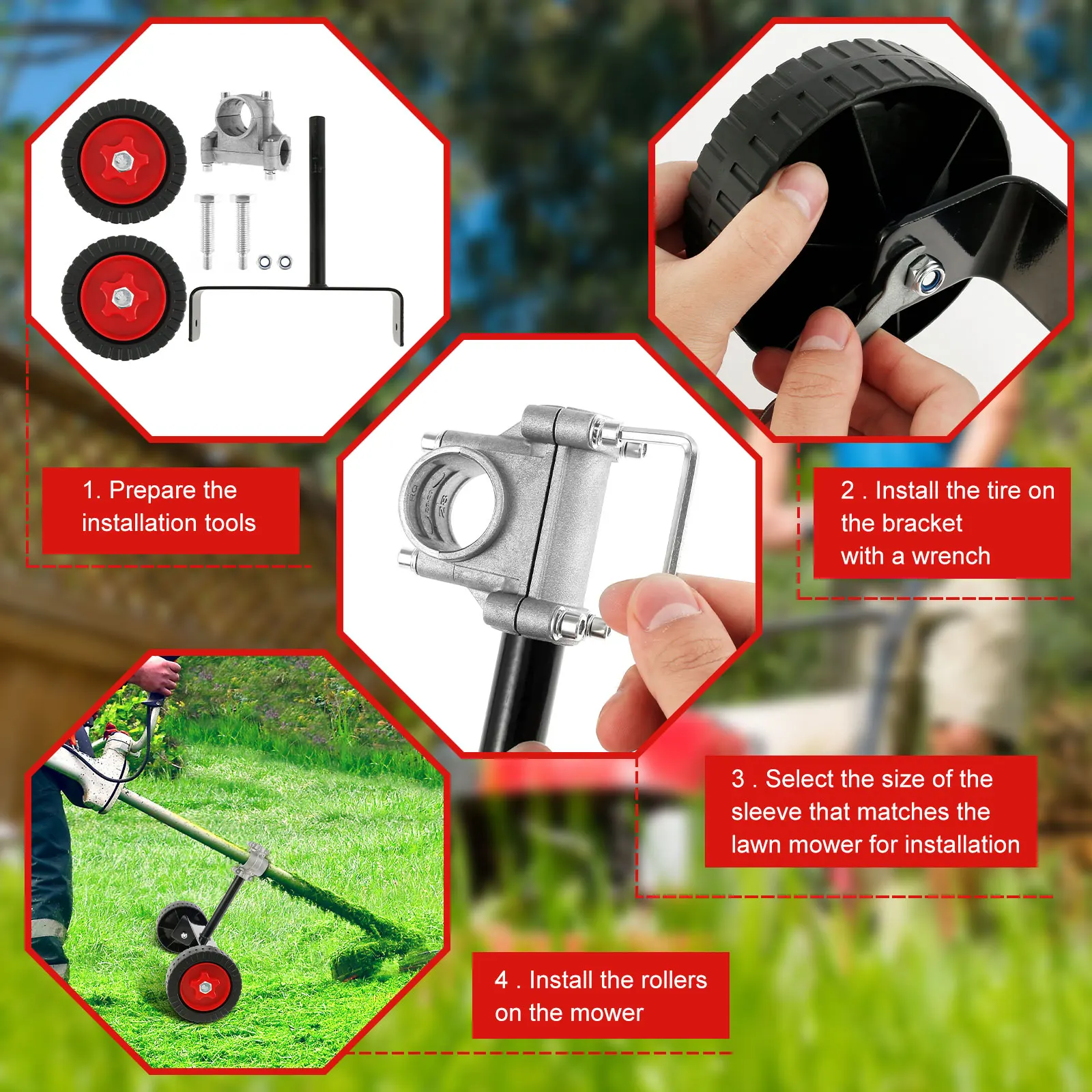 Universal Lawn Mower Support Wheel Adjustable Grass Gasoline Trimmer Attachment Garden Portable Side Hanging Electric Universal Lawn Mower Support Wheel Adjustable Grass Gasoline Trimmer Attachment Garden Portable Side Hanging Electric