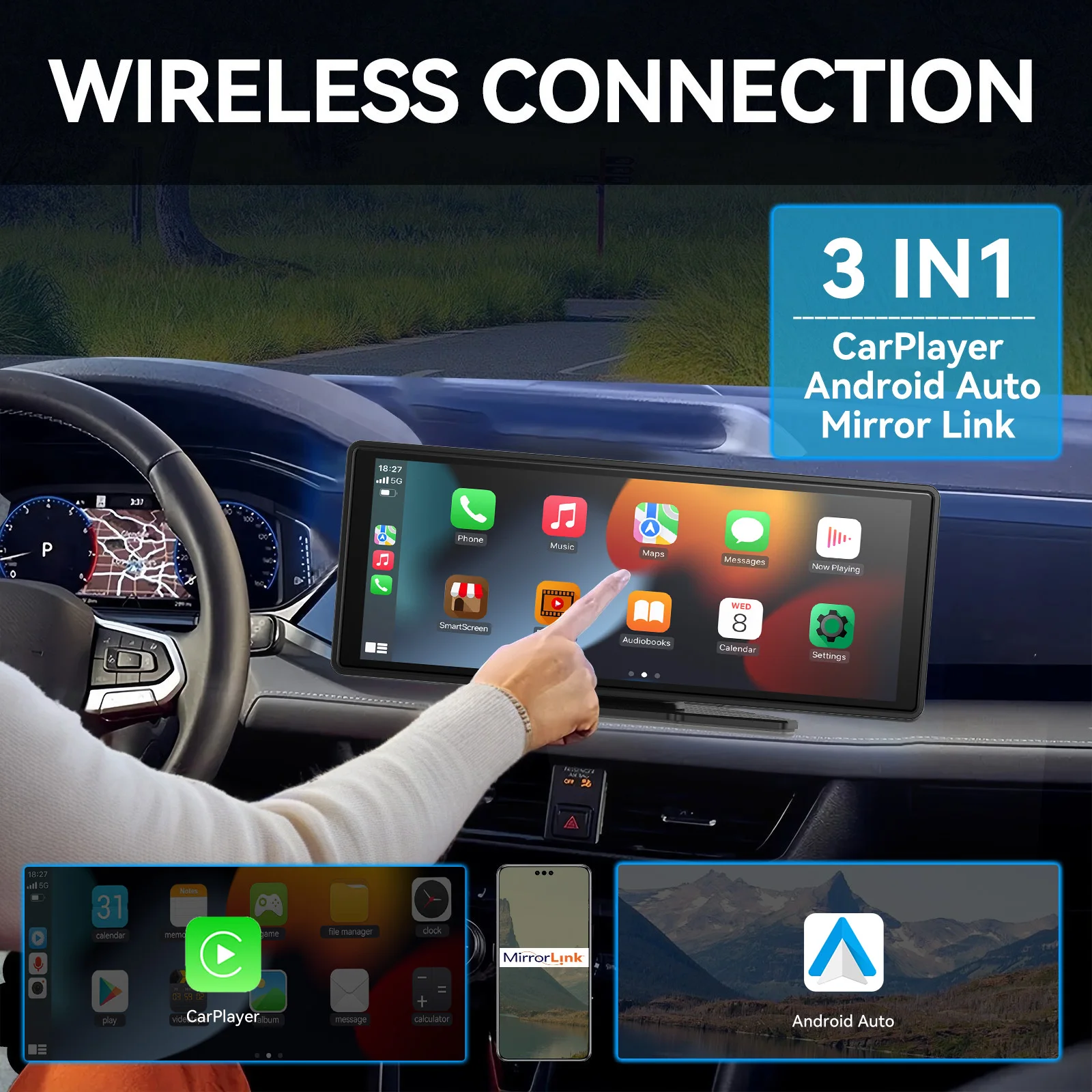 Universal Portable Carplay for Car Screen, Wireless Carplay Screen Wireless Car Stereo with Carplay Android Auto, Car