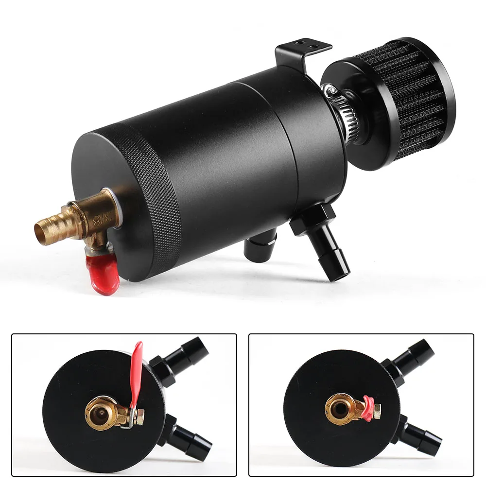 Universal Racing Baffled Aluminum Oil Catch Can Tank 2-Port Reservoir with Drain Valve Breather Cylinder Filter Kit
