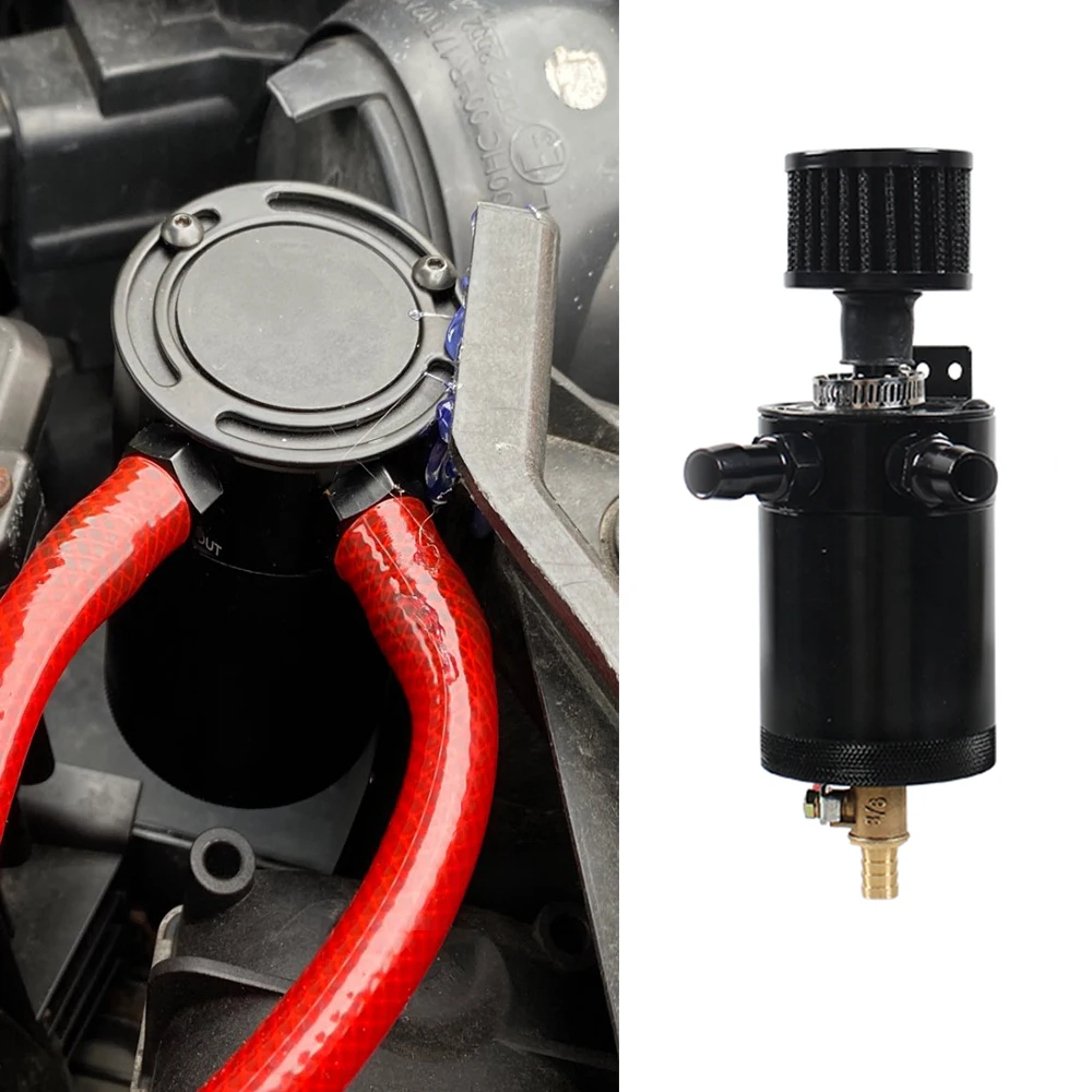 Universal Racing Baffled Aluminum Oil Catch Can Tank 2-Port Reservoir with Drain Valve Breather Cylinder Filter Kit