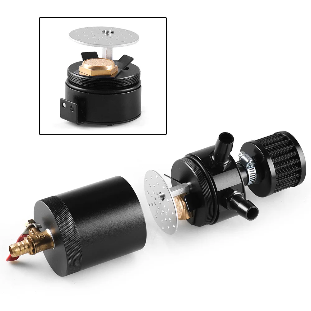 Universal Racing Baffled Aluminum Oil Catch Can Tank 2-Port Reservoir with Drain Valve Breather Cylinder Filter Kit