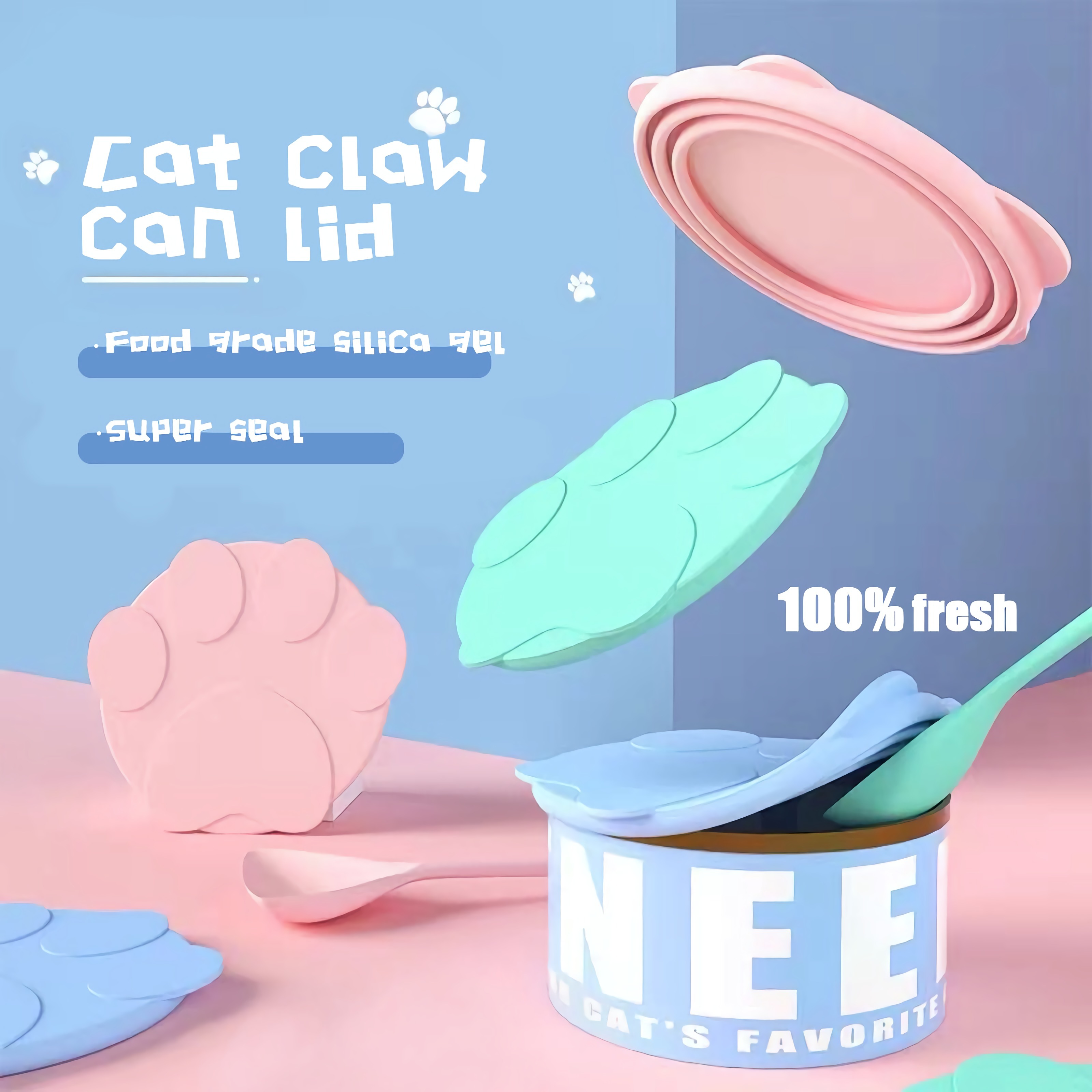 Universal Reusable Silicone Cat Food Lid with Spoon Universal Reusable Silicone Cat Food Lid with Spoon