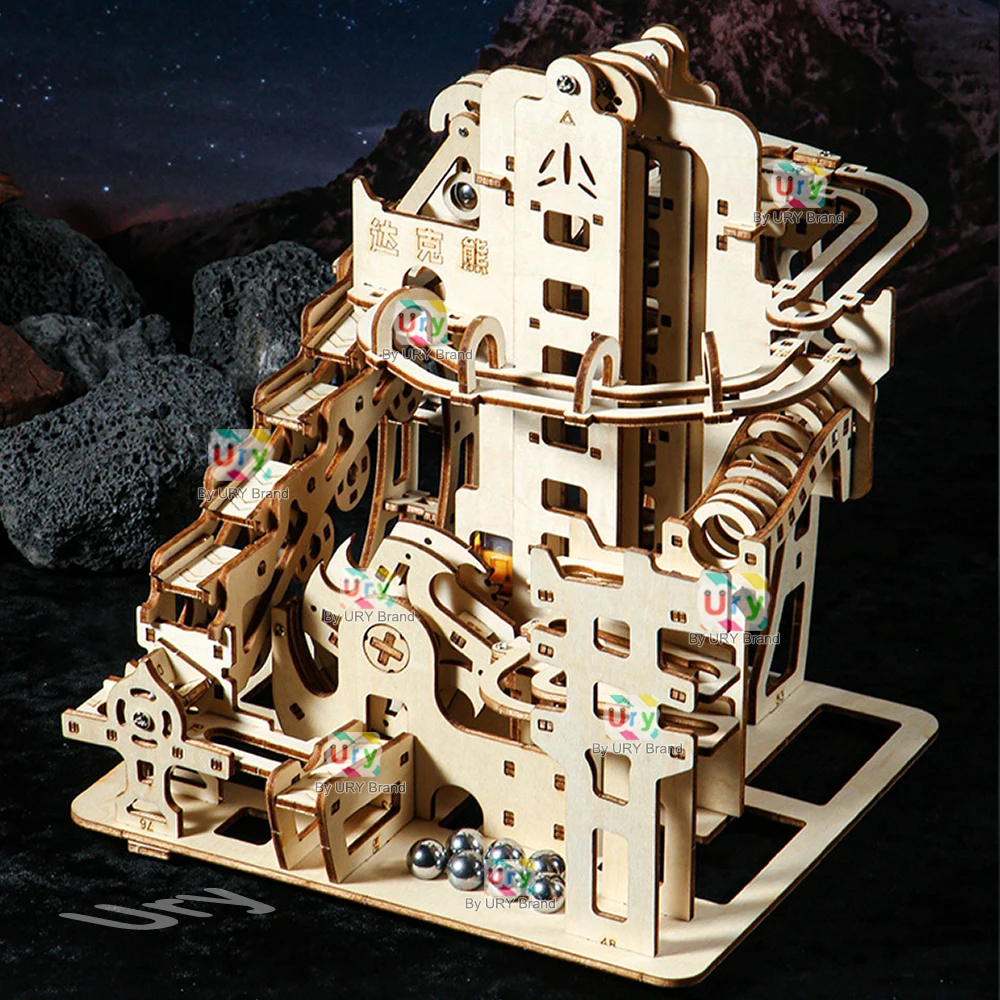 Ury 3D Wooden Puzzles Electric Catapult Track Device Marble Run Set Mechanical Model Science Maze 7 Balls Assembly Gift Ury 3D Wooden Puzzles Electric Catapult Track Device Marble Run Set Mechanical Model Science Maze 7 Balls Assembly Gift