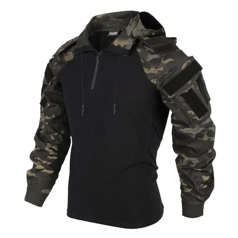 US Army Shirts Camouflage Multicam Military Combat T-Shirt Hooded Men Tactical Shirt Airsoft Paintball Camping Hunting