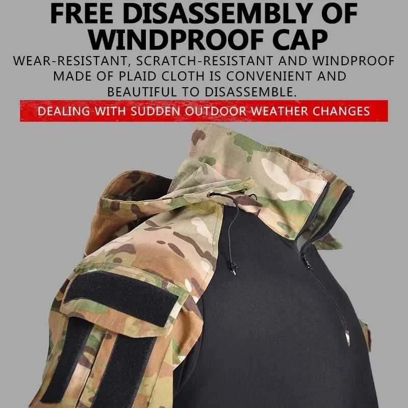 US Army Shirts Camouflage Multicam Military Combat T-Shirt Hooded Men Tactical Shirt Airsoft Paintball Camping Hunting