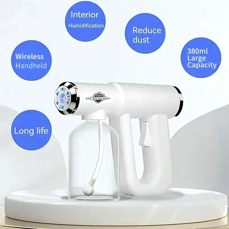 USB Rechargeable Wireless Disinfectant Spray Gun, 300ml Nano Mist Atomizer with Blue LED Light USB Rechargeable Wireless Disinfectant Spray Gun, 300ml Nano Mist Atomizer with Blue LED Light
