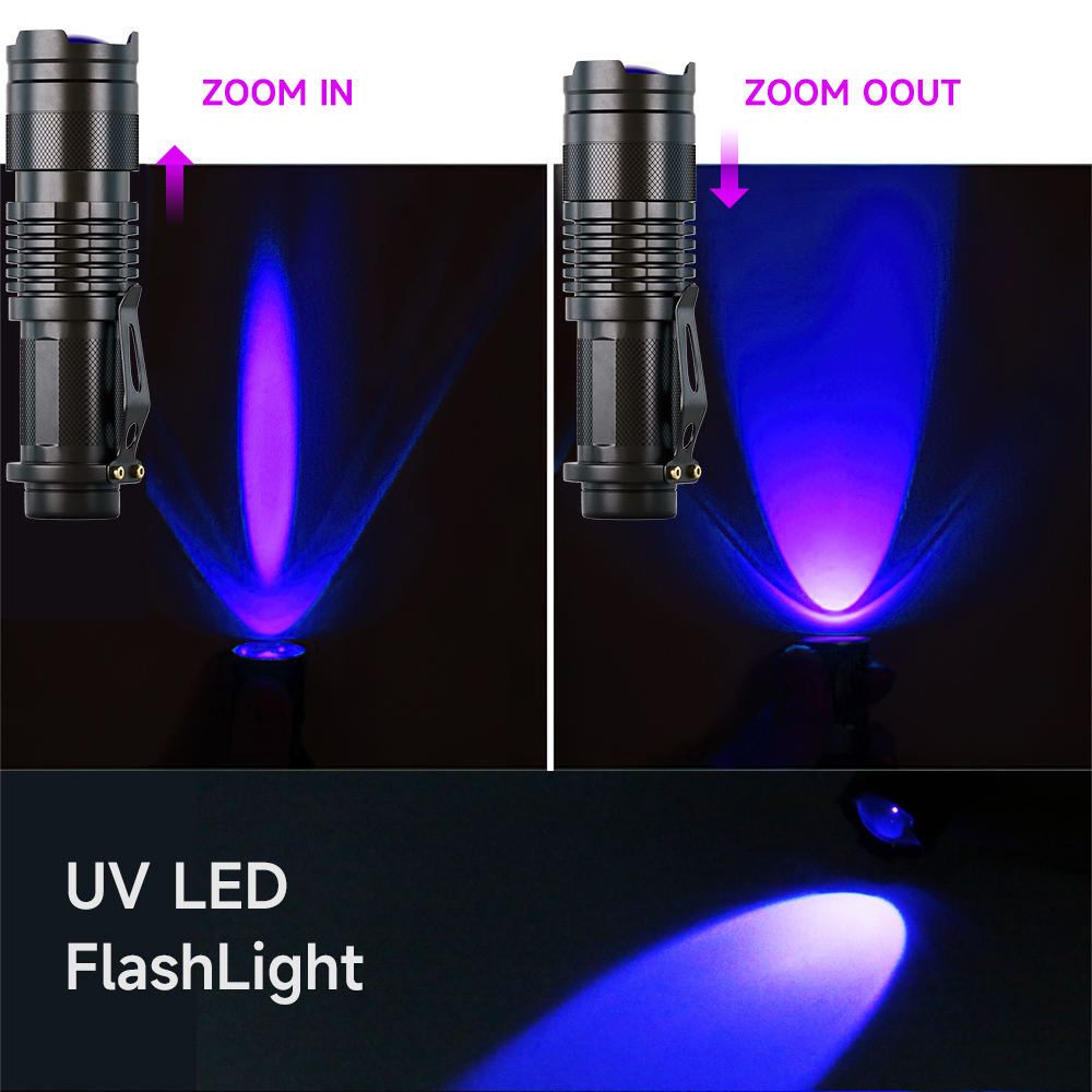 UV LED Flashlight Mini LED Torch Blacklight Wavelength Violet Light Zoomable Pet Urine Scorpion Feminine hygiene UV LED Flashlight Mini LED Torch Blacklight Wavelength Violet Light Zoomable Pet Urine Scorpion Feminine hygiene