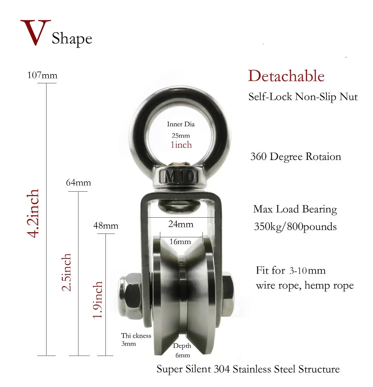 U/V Type Swivel Pulley 304 Stainless Steel Duplex Bearing Super-Silent Detachable Rotation Pulley System Gym Traction
