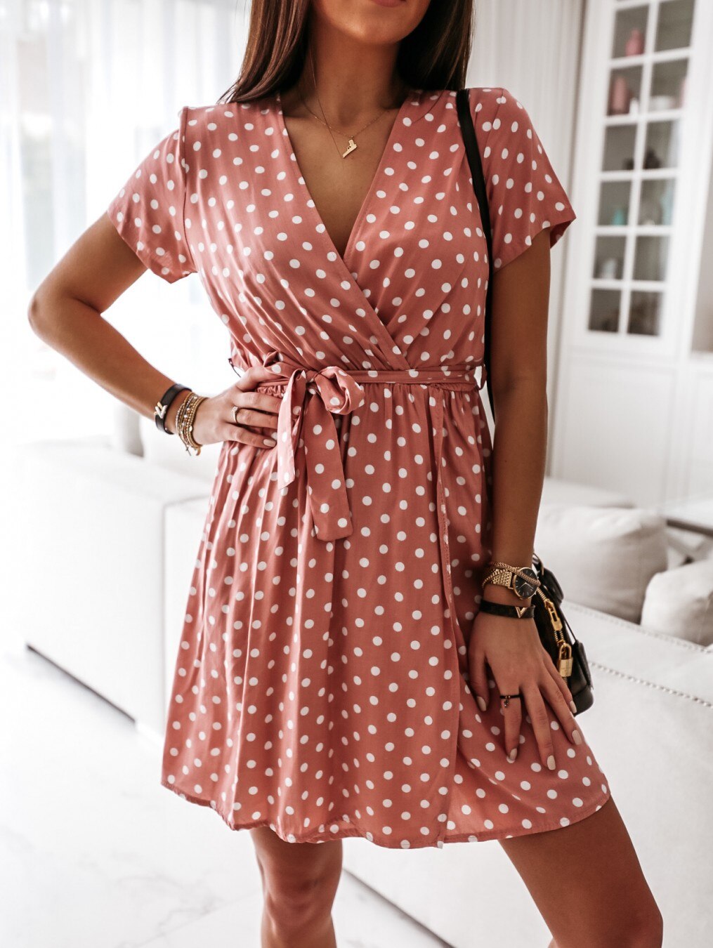 V Neck Design Ladies Polka Dot Dress V Neck Design Ladies Polka Dot Dress