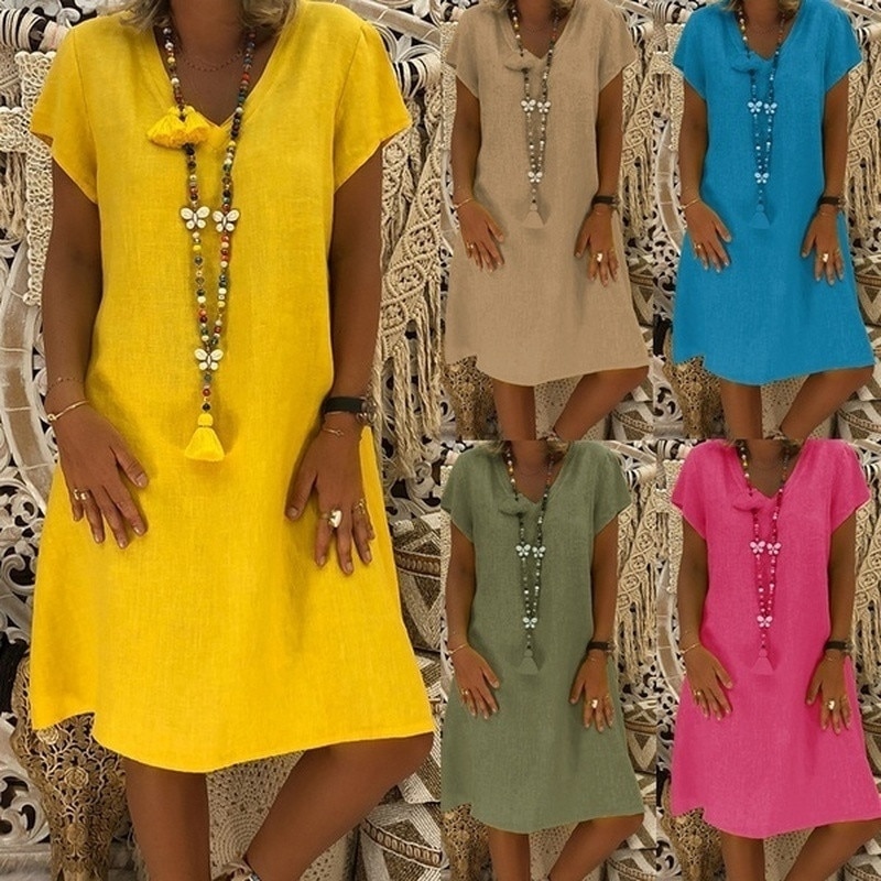 V Neck Dress Linen Summer Wear V Neck Dress Linen Summer Wear