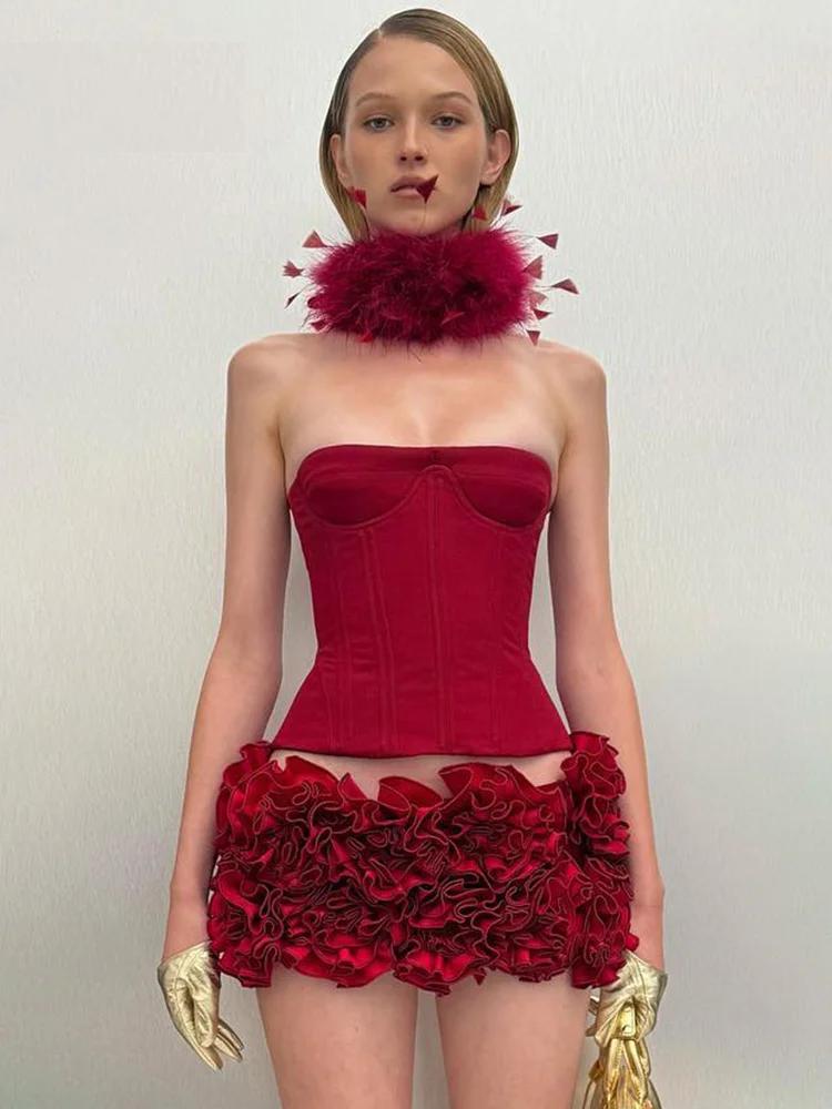 VC Christmas Dress Strapless Red Structured Top With Floral Embellished Mini Skirt Bodycon Celebrity Party Cocktail 2 VC Christmas Dress Strapless Red Structured Top With Floral Embellished Mini Skirt Bodycon Celebrity Party Cocktail 2