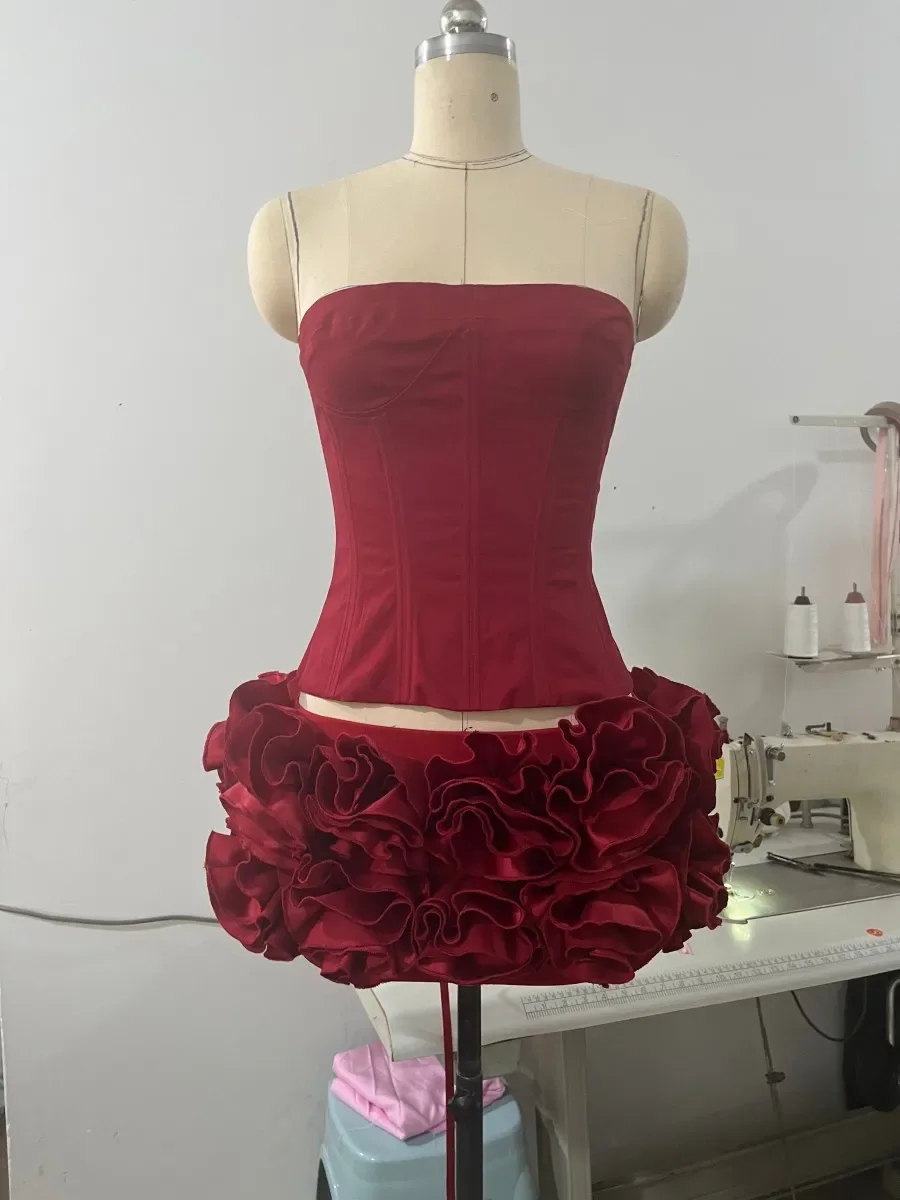 VC Christmas Dress Strapless Red Structured Top With Floral Embellished Mini Skirt Bodycon Celebrity Party Cocktail 2