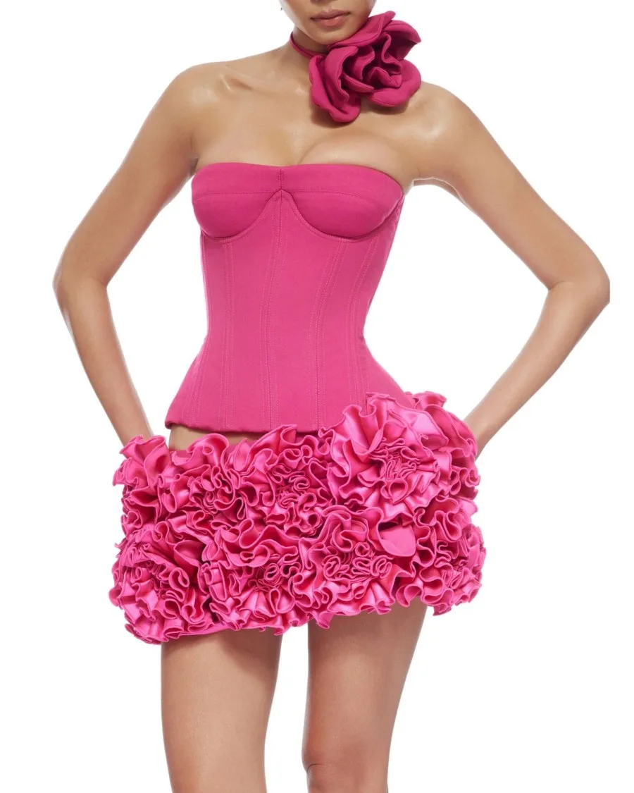 VC Christmas Dress Strapless Red Structured Top With Floral Embellished Mini Skirt Bodycon Celebrity Party Cocktail 2