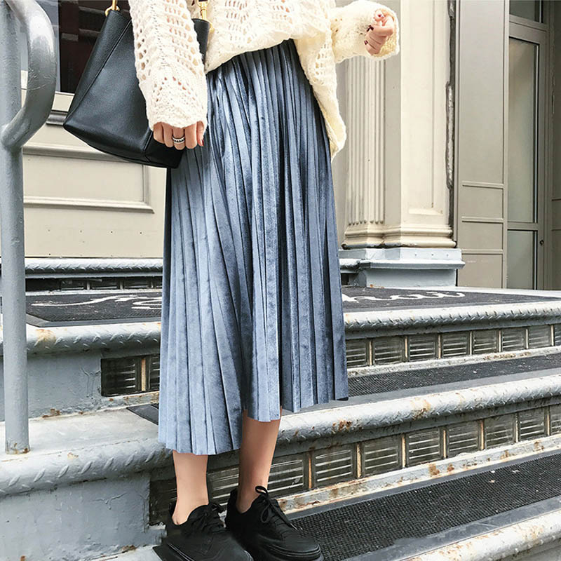 Velvet Skirt Pleated High-Waist Wear Velvet Skirt Pleated High-Waist Wear