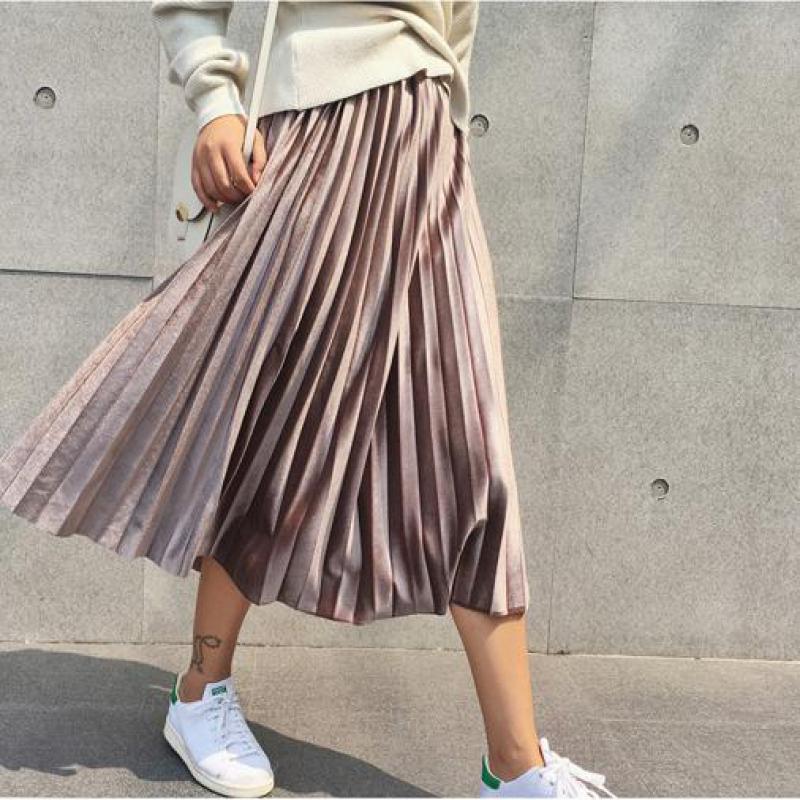 Velvet Skirt Pleated High-Waist Wear Velvet Skirt Pleated High-Waist Wear