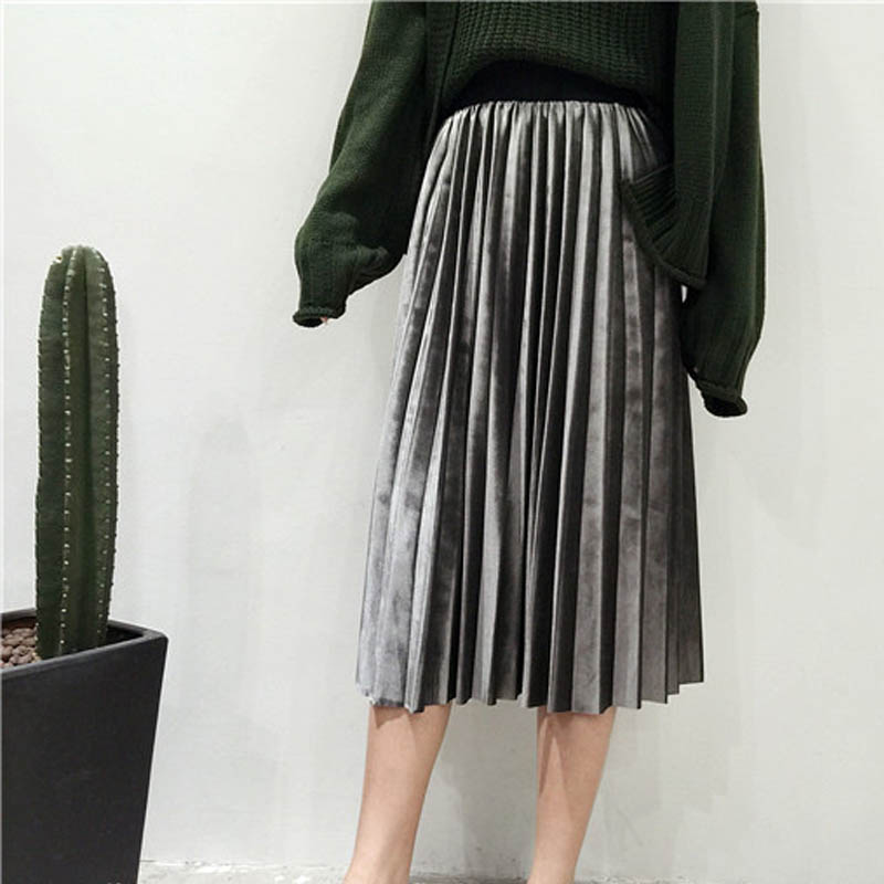 Velvet Skirt Pleated High-Waist Wear Velvet Skirt Pleated High-Waist Wear