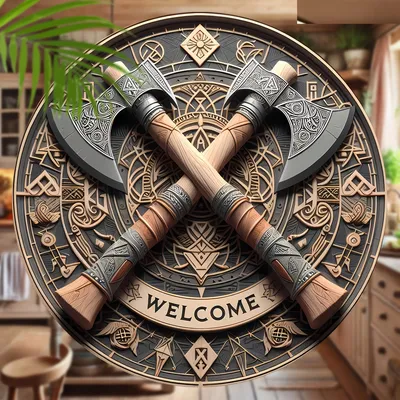 Viking Ax Welcome – 8inch X 8inch Round Wooden Wall Decoration for Home, Porch, Living Room and Office – Perfect Gift