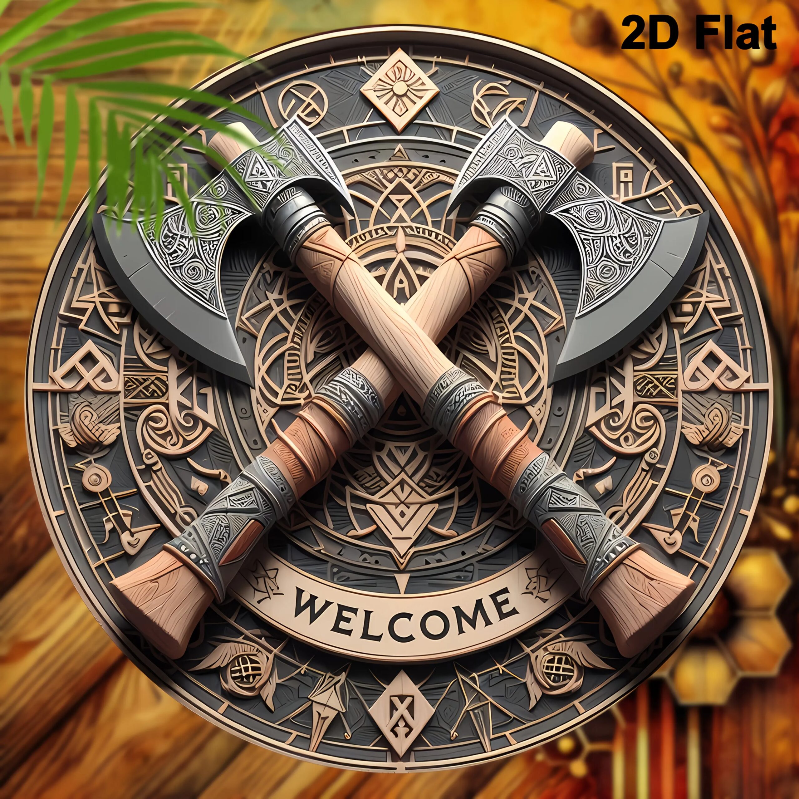Viking Ax Welcome – 8inch X 8inch Round Wooden Wall Decoration for Home, Porch, Living Room and Office – Perfect Gift