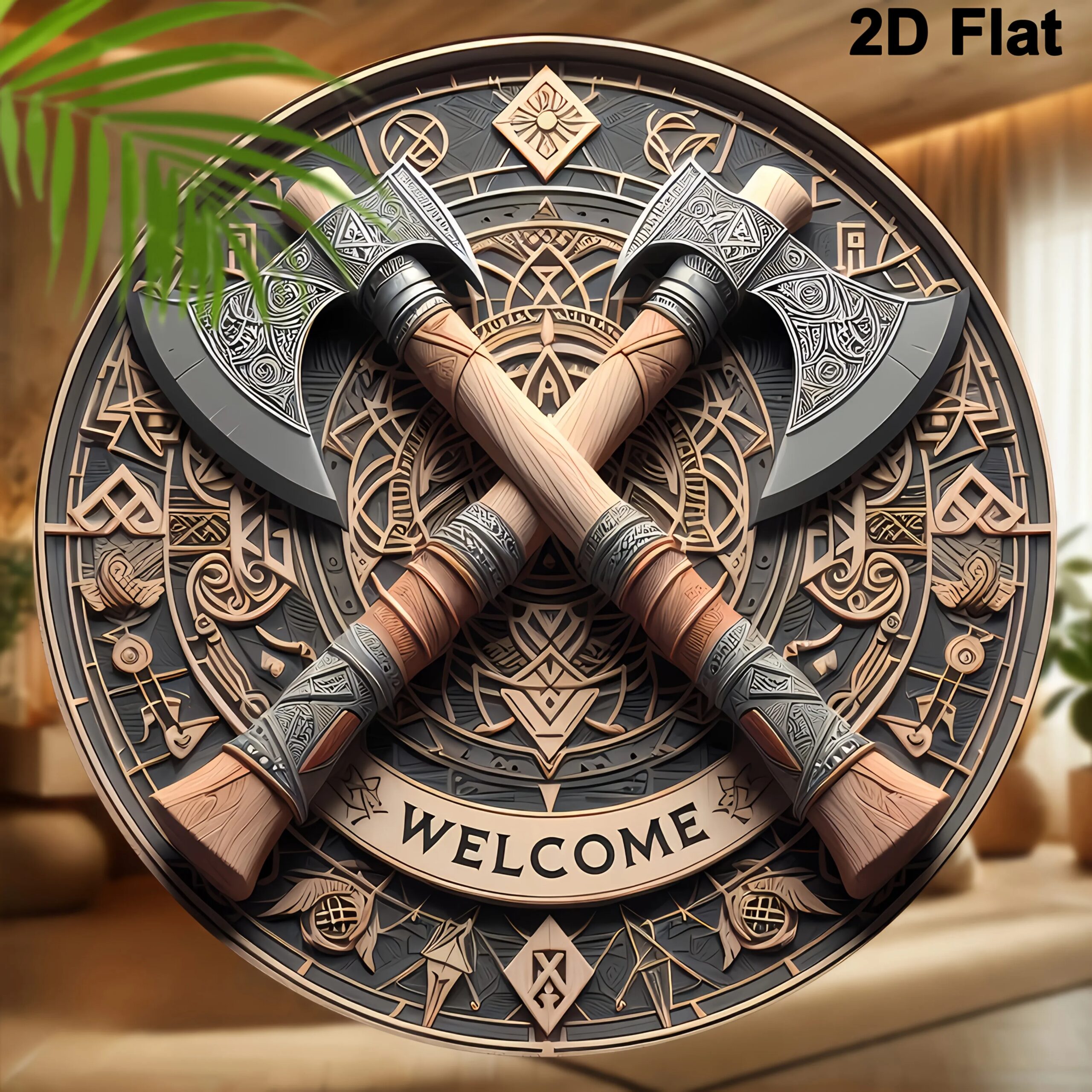 Viking Ax Welcome – 8inch X 8inch Round Wooden Wall Decoration for Home, Porch, Living Room and Office – Perfect Gift