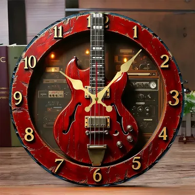 Vintage Guitar Wooden Round Silent Hanging Wall Clock, Suitable For Living Room, Office, Study Room, Bedroom, Home Vintage Guitar Wooden Round Silent Hanging Wall Clock, Suitable For Living Room, Office, Study Room, Bedroom, Home