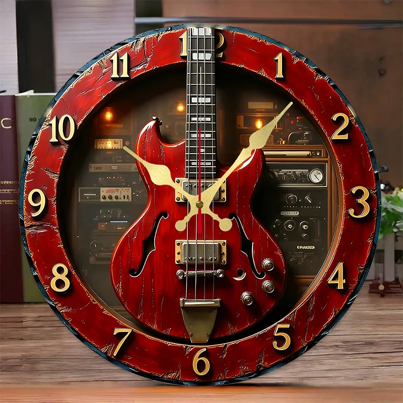 Vintage Guitar Wooden Round Silent Hanging Wall Clock, Suitable For Living Room, Office, Study Room, Bedroom, Home