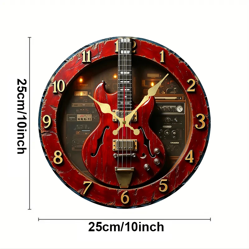Vintage Guitar Wooden Round Silent Hanging Wall Clock, Suitable For Living Room, Office, Study Room, Bedroom, Home Vintage Guitar Wooden Round Silent Hanging Wall Clock, Suitable For Living Room, Office, Study Room, Bedroom, Home