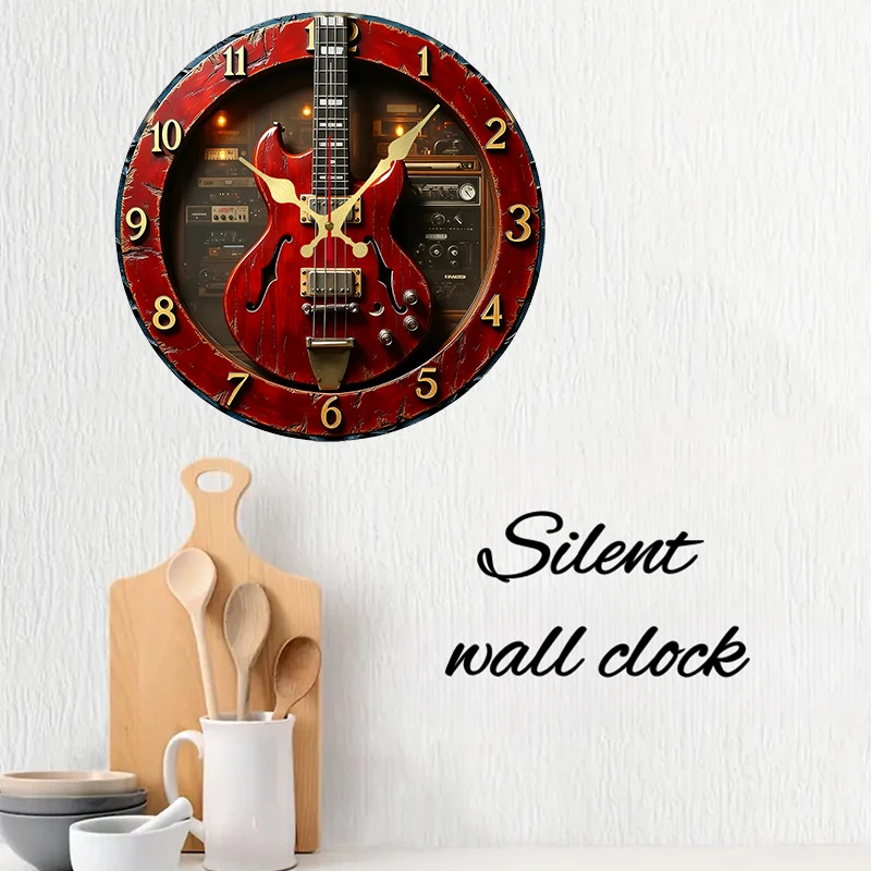 Vintage Guitar Wooden Round Silent Hanging Wall Clock, Suitable For Living Room, Office, Study Room, Bedroom, Home Vintage Guitar Wooden Round Silent Hanging Wall Clock, Suitable For Living Room, Office, Study Room, Bedroom, Home