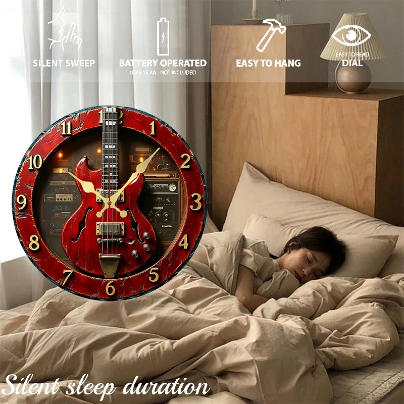Vintage Guitar Wooden Round Silent Hanging Wall Clock, Suitable For Living Room, Office, Study Room, Bedroom, Home Vintage Guitar Wooden Round Silent Hanging Wall Clock, Suitable For Living Room, Office, Study Room, Bedroom, Home