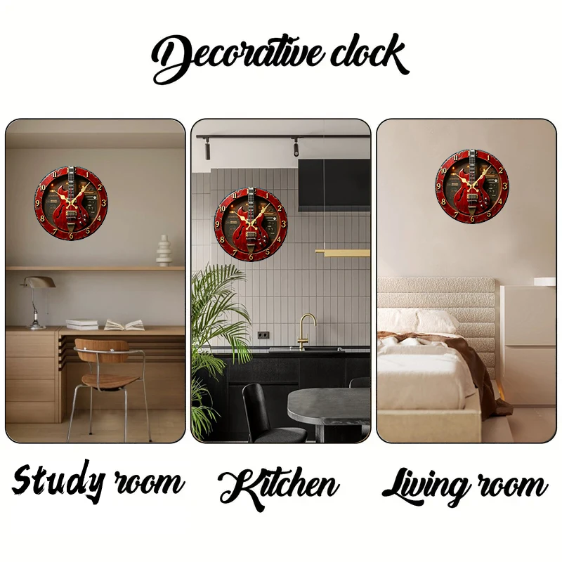 Vintage Guitar Wooden Round Silent Hanging Wall Clock, Suitable For Living Room, Office, Study Room, Bedroom, Home Vintage Guitar Wooden Round Silent Hanging Wall Clock, Suitable For Living Room, Office, Study Room, Bedroom, Home