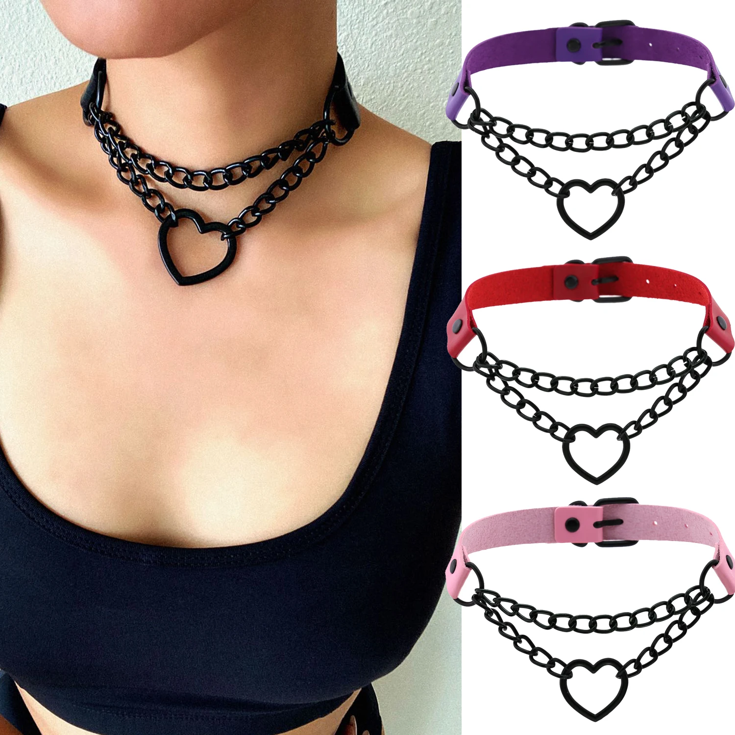 Vintage Heart Necklace Choker With Chain Goth Collar For Girls Grunge Punk Cute Kawaii Egirl Chocker Harajuku