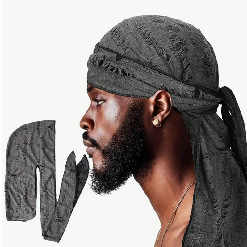 Vintage hole Cotton Durag Headband Unisex Hip Hop Bandana Long Tail Pirate Cap for Men Trendy Head Wraps Cycling Head