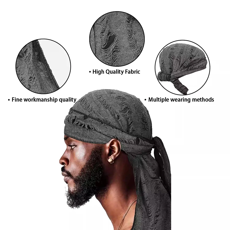 Vintage hole Cotton Durag Headband Unisex Hip Hop Bandana Long Tail Pirate Cap for Men Trendy Head Wraps Cycling Head