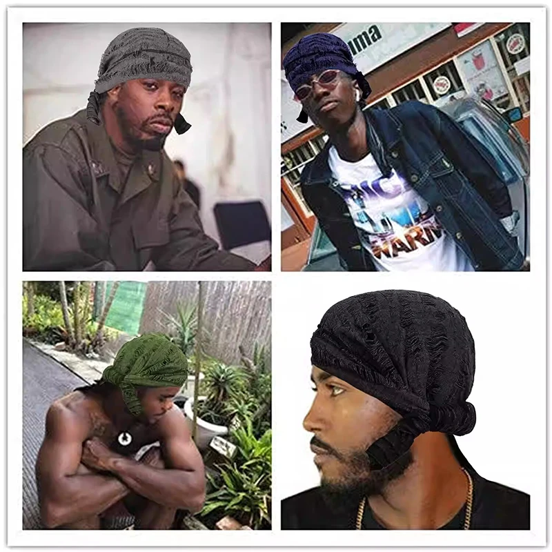 Vintage hole Cotton Durag Headband Unisex Hip Hop Bandana Long Tail Pirate Cap for Men Trendy Head Wraps Cycling Head
