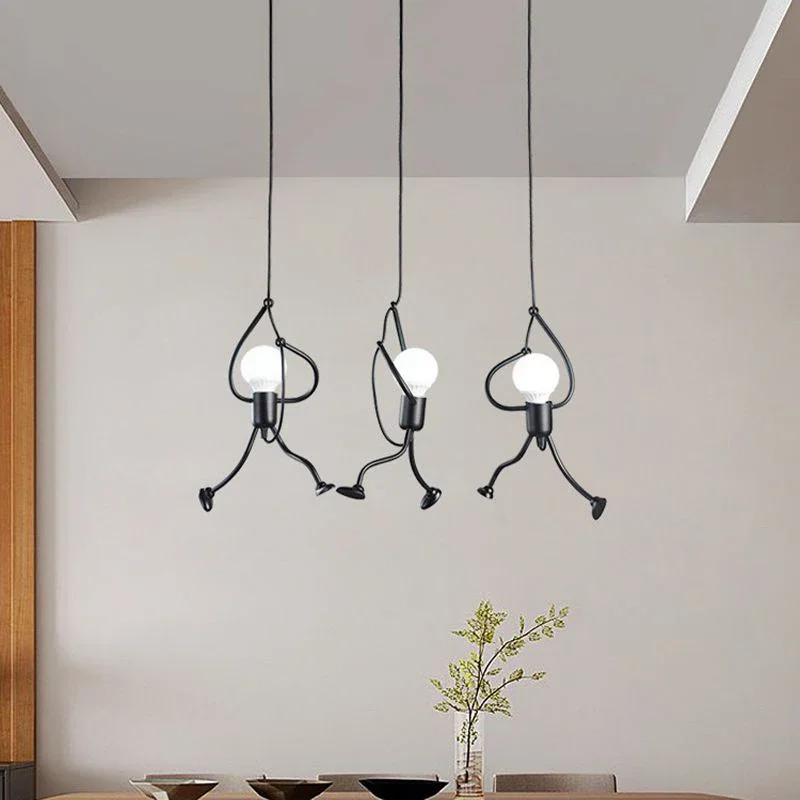 Vintage Iron Little Man Modern Arts Chandelier LED Ceiling Lamp Home Living Room Children Bedroom Decor Black E27