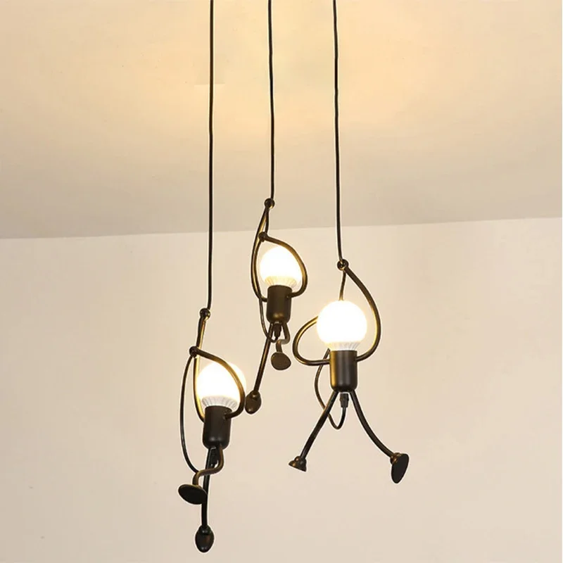 Vintage Iron Little Man Modern Arts Chandelier LED Ceiling Lamp Home Living Room Children Bedroom Decor Black E27