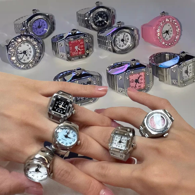 Vintage Punk Finger Watch Mini Elastic Strap Alloy Watches Couple Rings Jewelry Clock Retro Roman Quartz Watch Rings