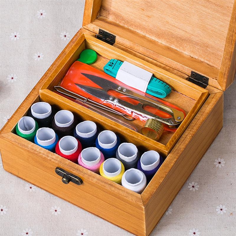 Vintage Wooden Sewing Box Full Kit