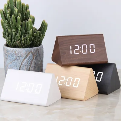Voice Control Alarm Wooden LED Clock