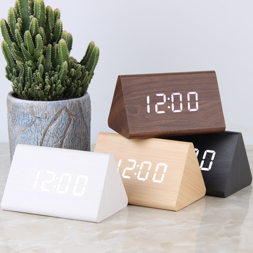 Voice Control Alarm Wooden LED Clock
