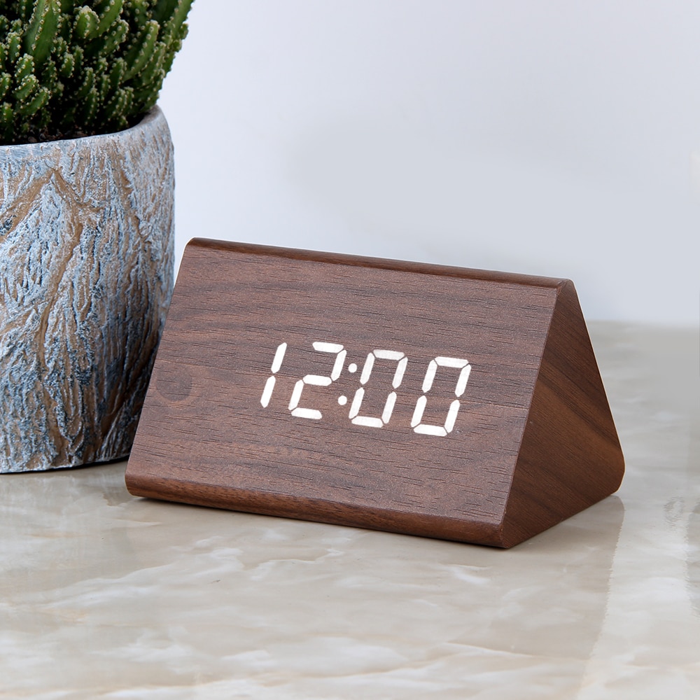 Voice Control Alarm Wooden LED Clock