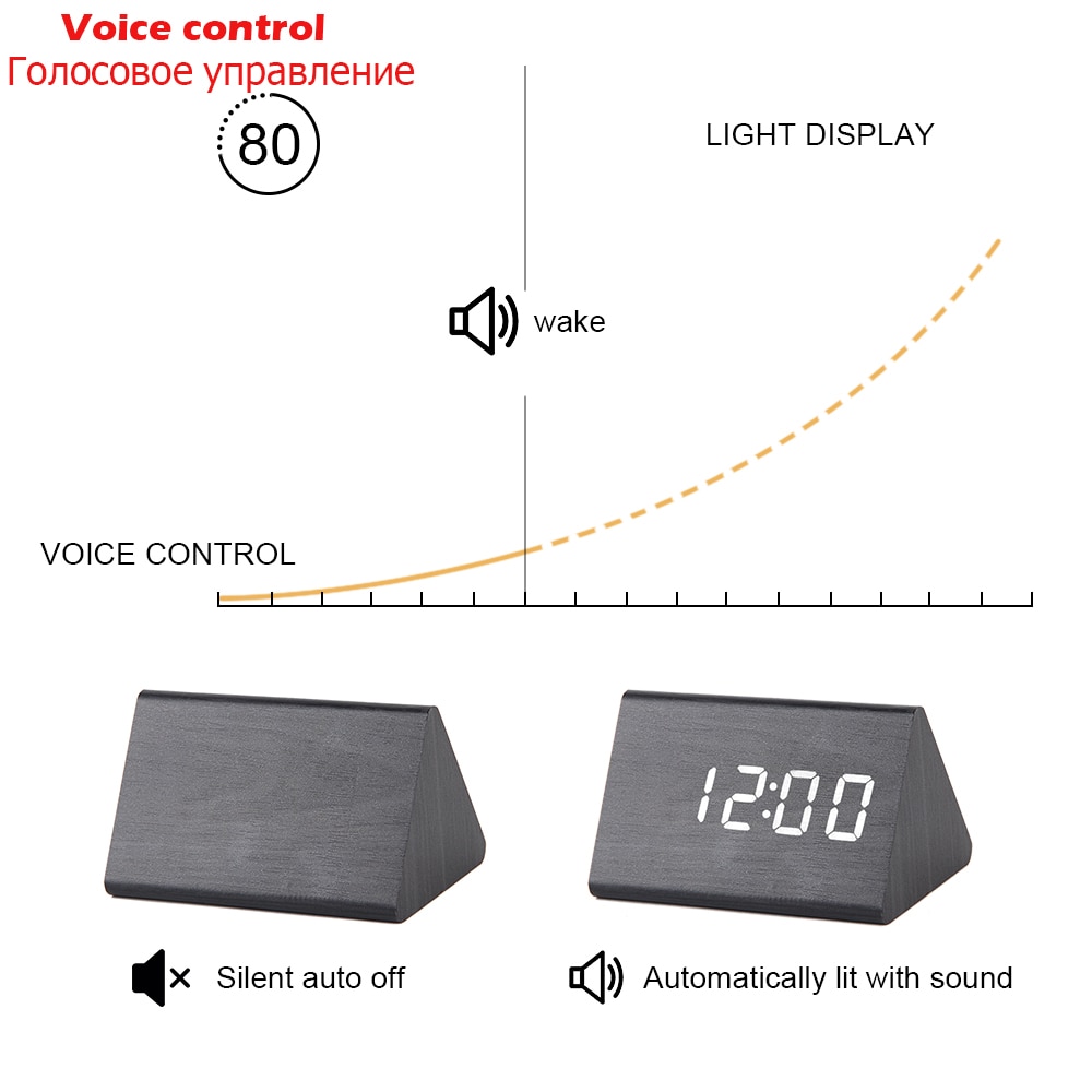 Voice Control Alarm Wooden LED Clock