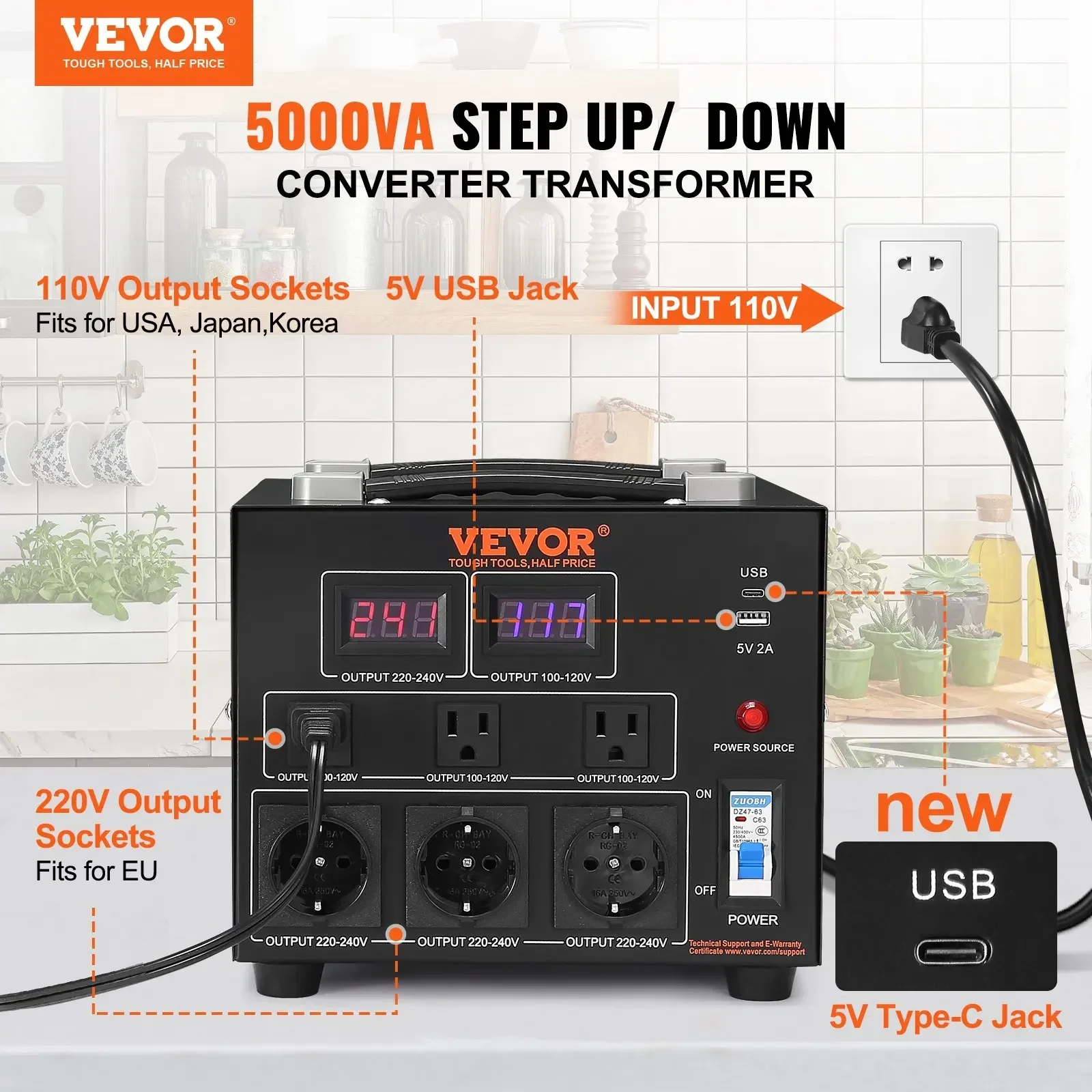 Voltage Converter Transformer 2000W 5000W Heavy Duty Step Up/Down Transformer Convert 110V to 220V and 220V to 110V