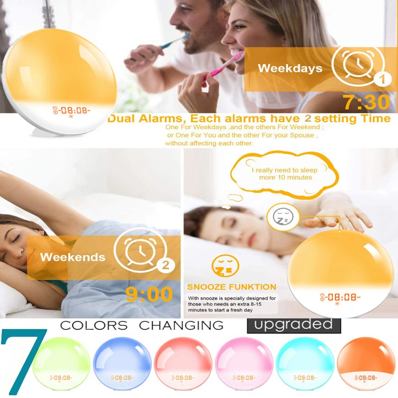 Wake Up Light Alarm Clock with Sunrise/Sunset Simulation Dual Alarms FM Radio Nightlight 7 Colors Natural Sounds Snooze Wake Up Light Alarm Clock with Sunrise/Sunset Simulation Dual Alarms FM Radio Nightlight 7 Colors Natural Sounds Snooze