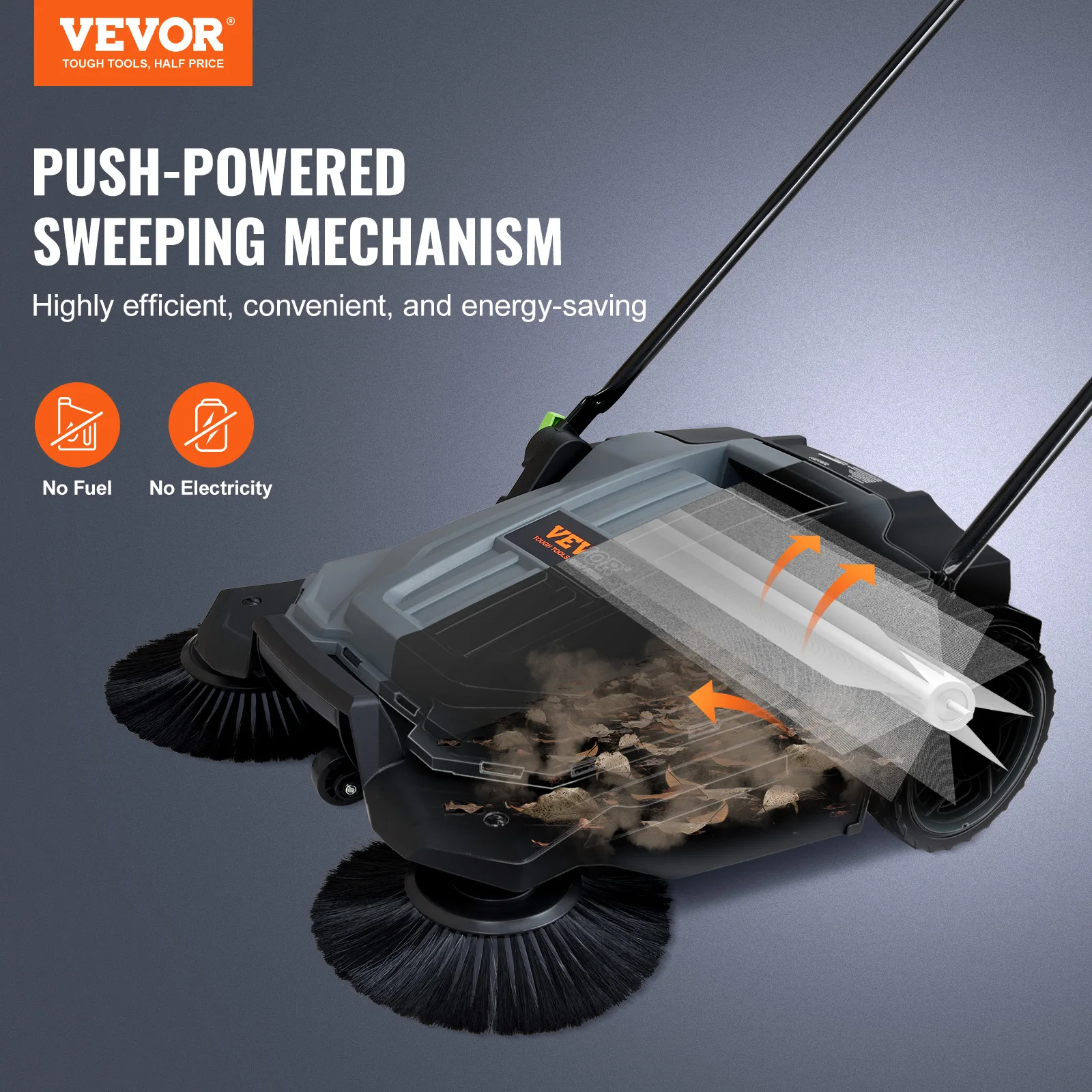 Walk-behind Hand Push Floor Sweeper 25.6″ Sweeping Width Floor Sweeper 5-Gallon Waste Container Angle & Height Walk-behind Hand Push Floor Sweeper 25.6″ Sweeping Width Floor Sweeper 5-Gallon Waste Container Angle & Height