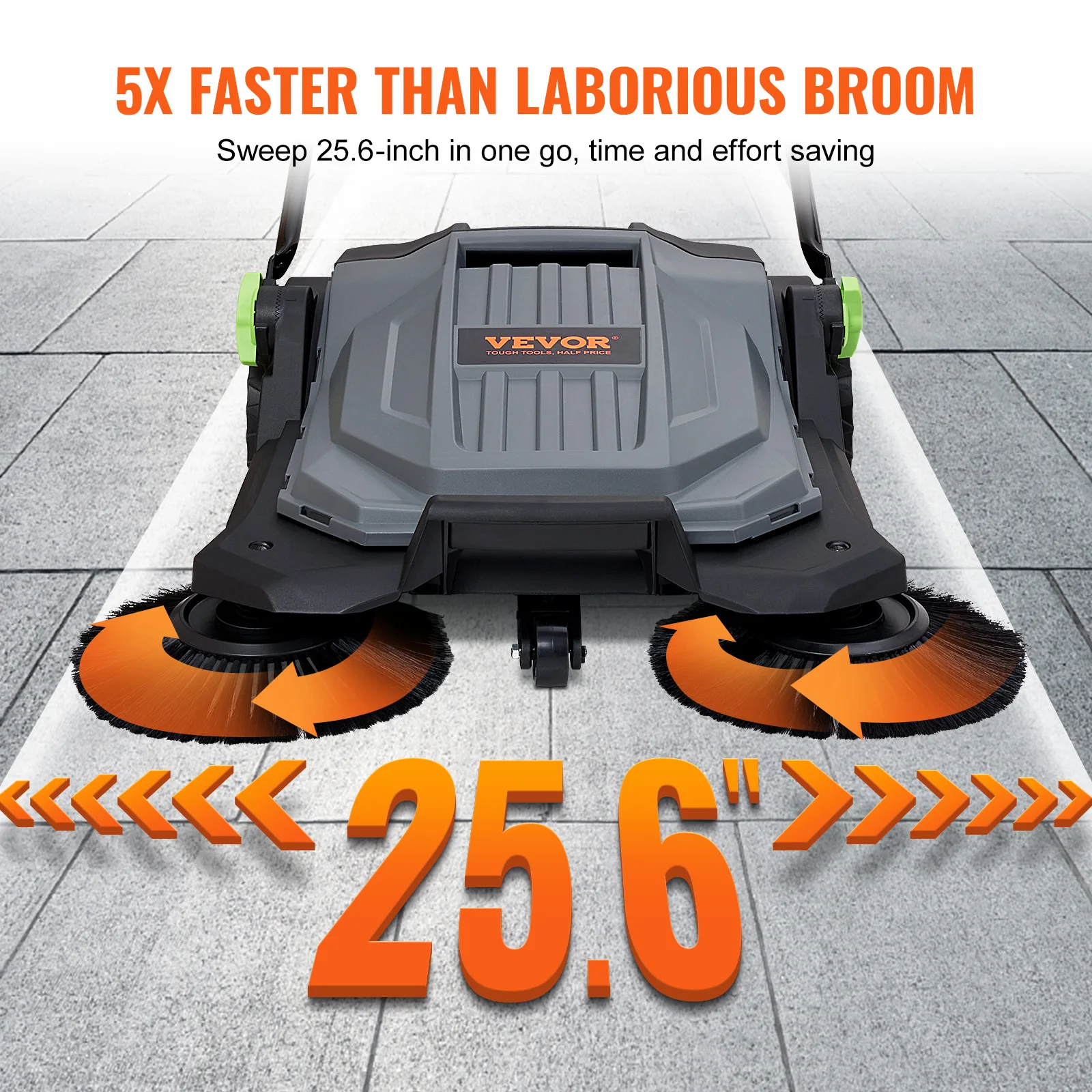Walk-behind Hand Push Floor Sweeper 25.6″ Sweeping Width Floor Sweeper 5-Gallon Waste Container Angle & Height Walk-behind Hand Push Floor Sweeper 25.6″ Sweeping Width Floor Sweeper 5-Gallon Waste Container Angle & Height