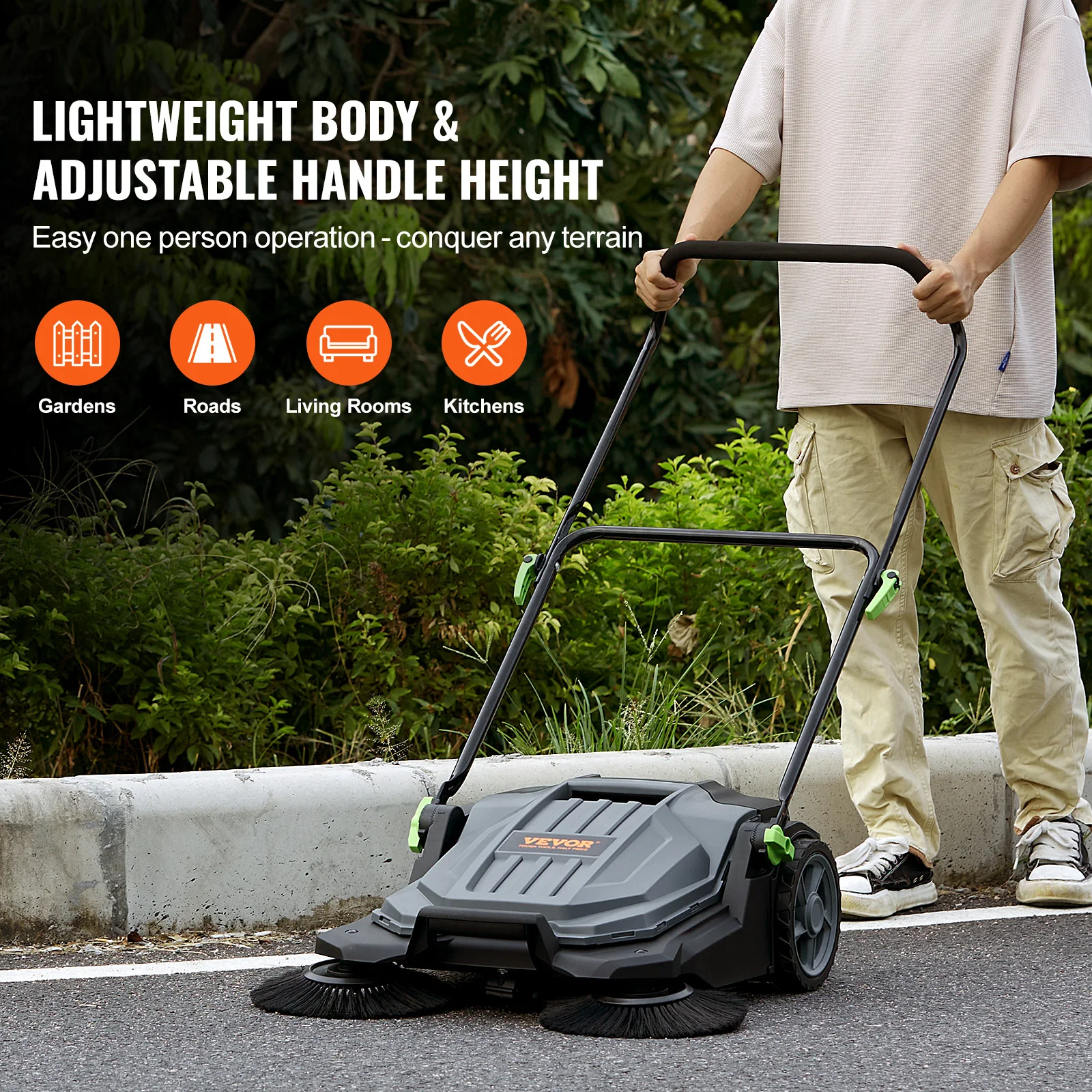 Walk-behind Hand Push Floor Sweeper 25.6″ Sweeping Width Floor Sweeper 5-Gallon Waste Container Angle & Height Walk-behind Hand Push Floor Sweeper 25.6″ Sweeping Width Floor Sweeper 5-Gallon Waste Container Angle & Height