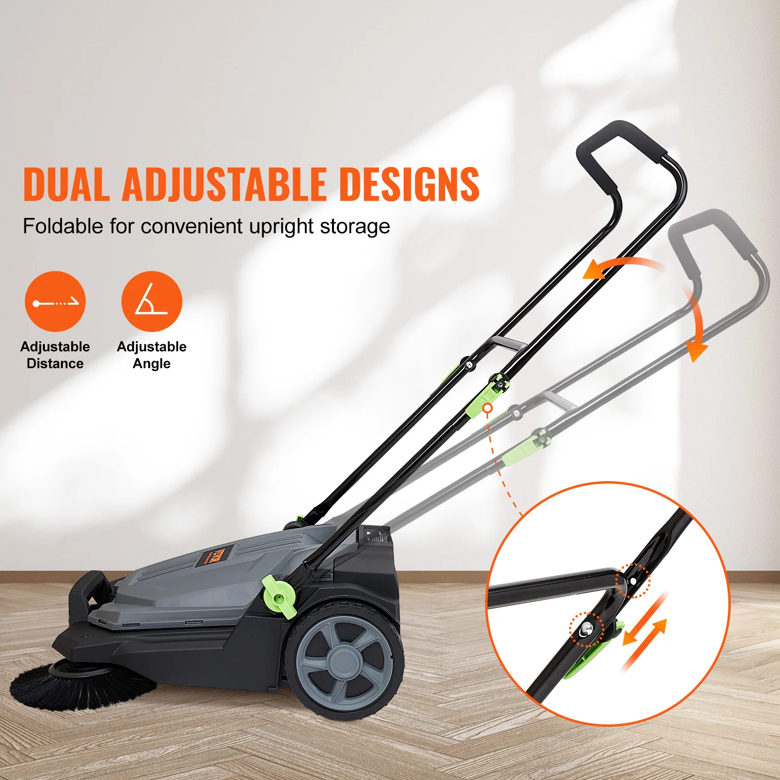 Walk-behind Hand Push Floor Sweeper 25.6″ Sweeping Width Floor Sweeper 5-Gallon Waste Container Angle & Height Walk-behind Hand Push Floor Sweeper 25.6″ Sweeping Width Floor Sweeper 5-Gallon Waste Container Angle & Height