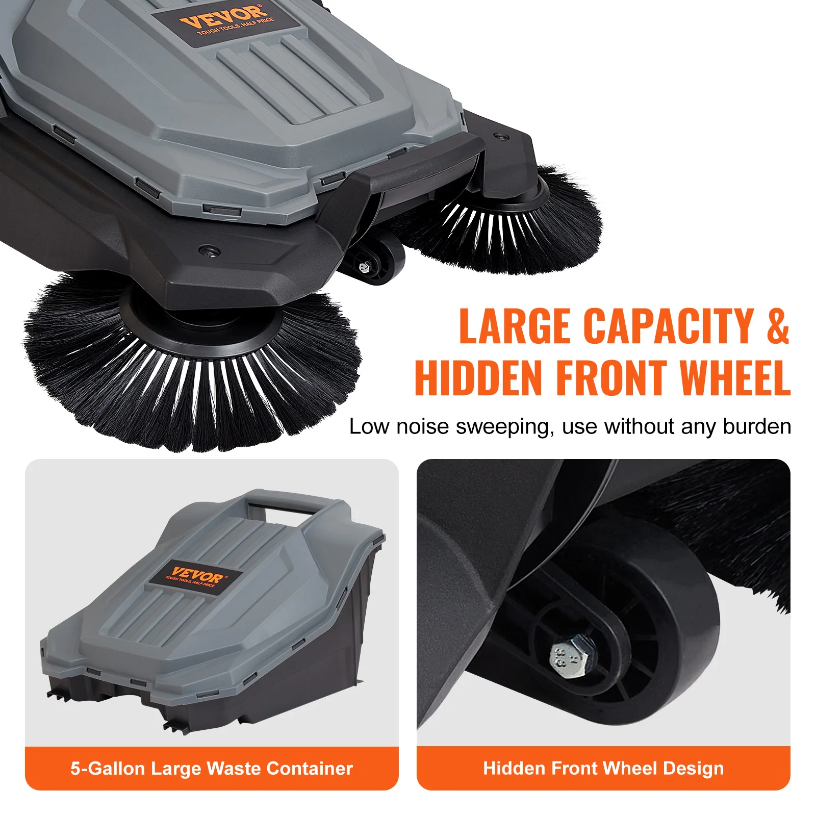 Walk-behind Hand Push Floor Sweeper 25.6″ Sweeping Width Floor Sweeper 5-Gallon Waste Container Angle & Height Walk-behind Hand Push Floor Sweeper 25.6″ Sweeping Width Floor Sweeper 5-Gallon Waste Container Angle & Height