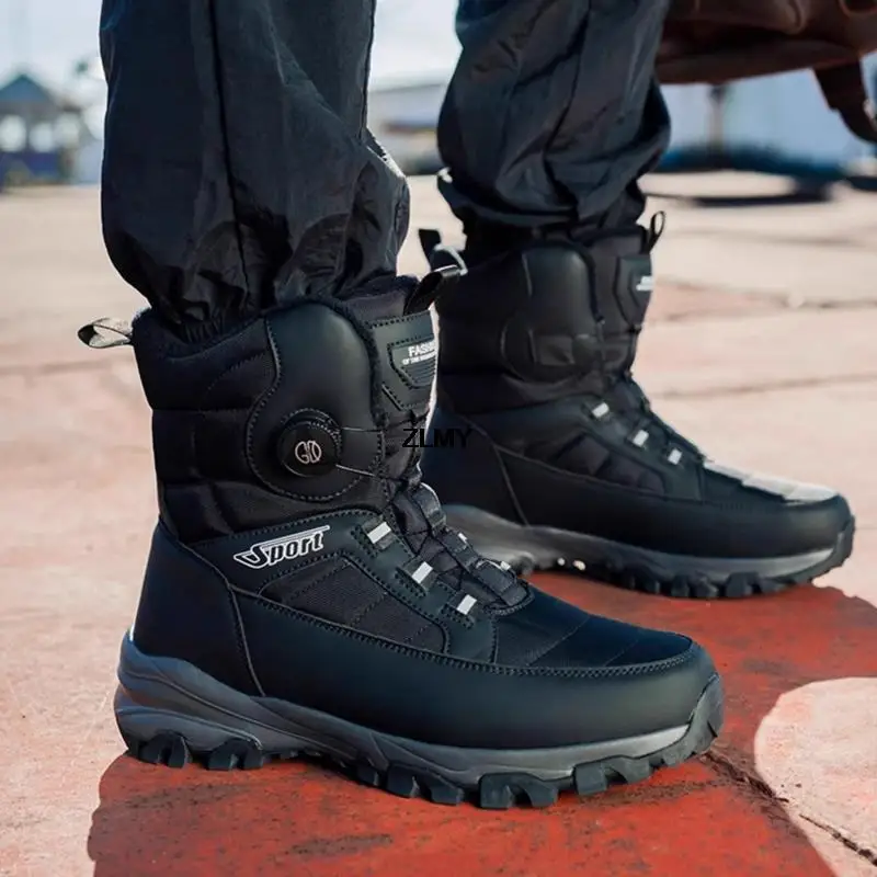 Warm Men's Snow Boots Waterproof Outdoor Winter Snowboots Rotated Button Men High Top Plush Cotton Shoes Man Winter